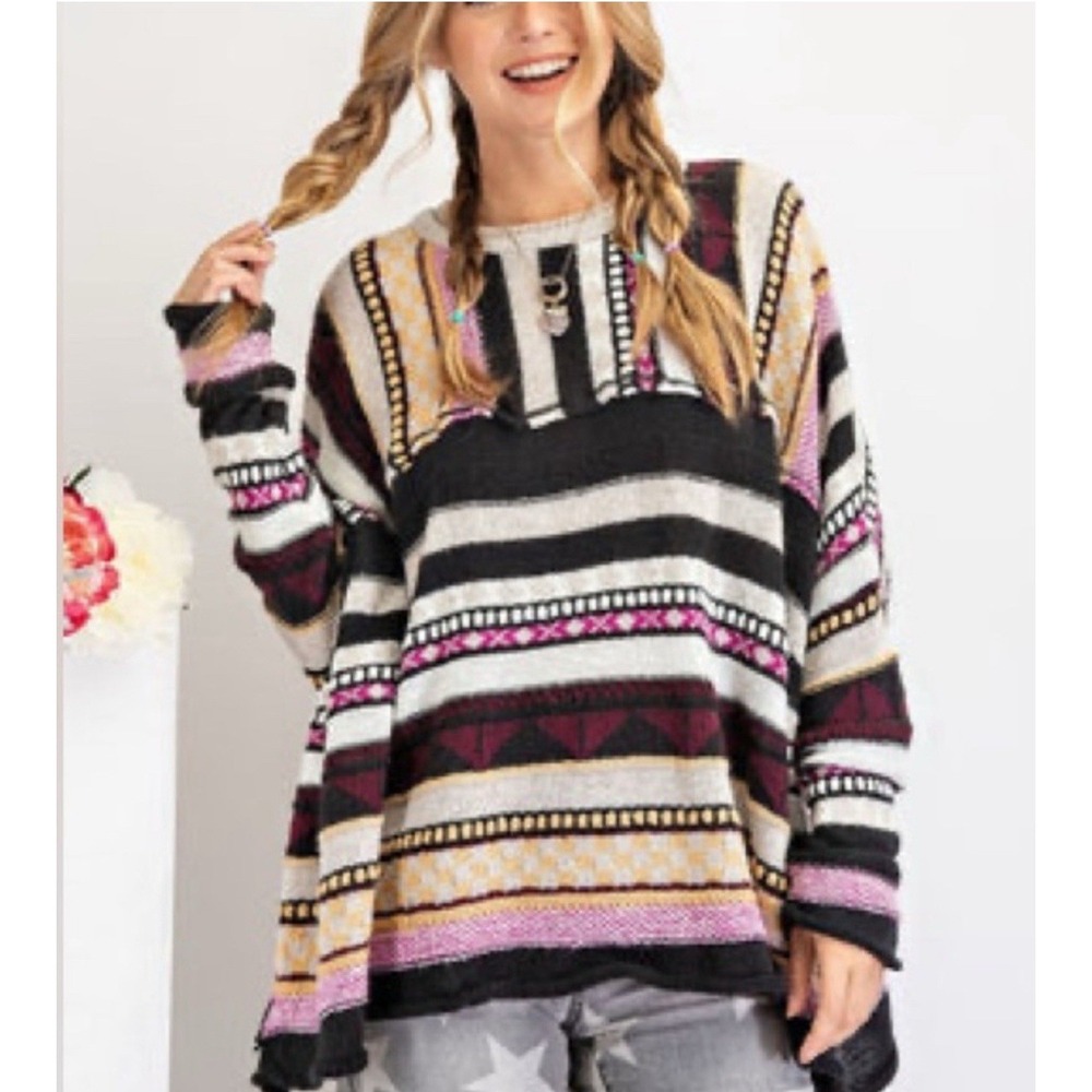 Easel Crochet Oversized Sweater Colorful Boxy Boho Hippie Women's Size MEDIUM